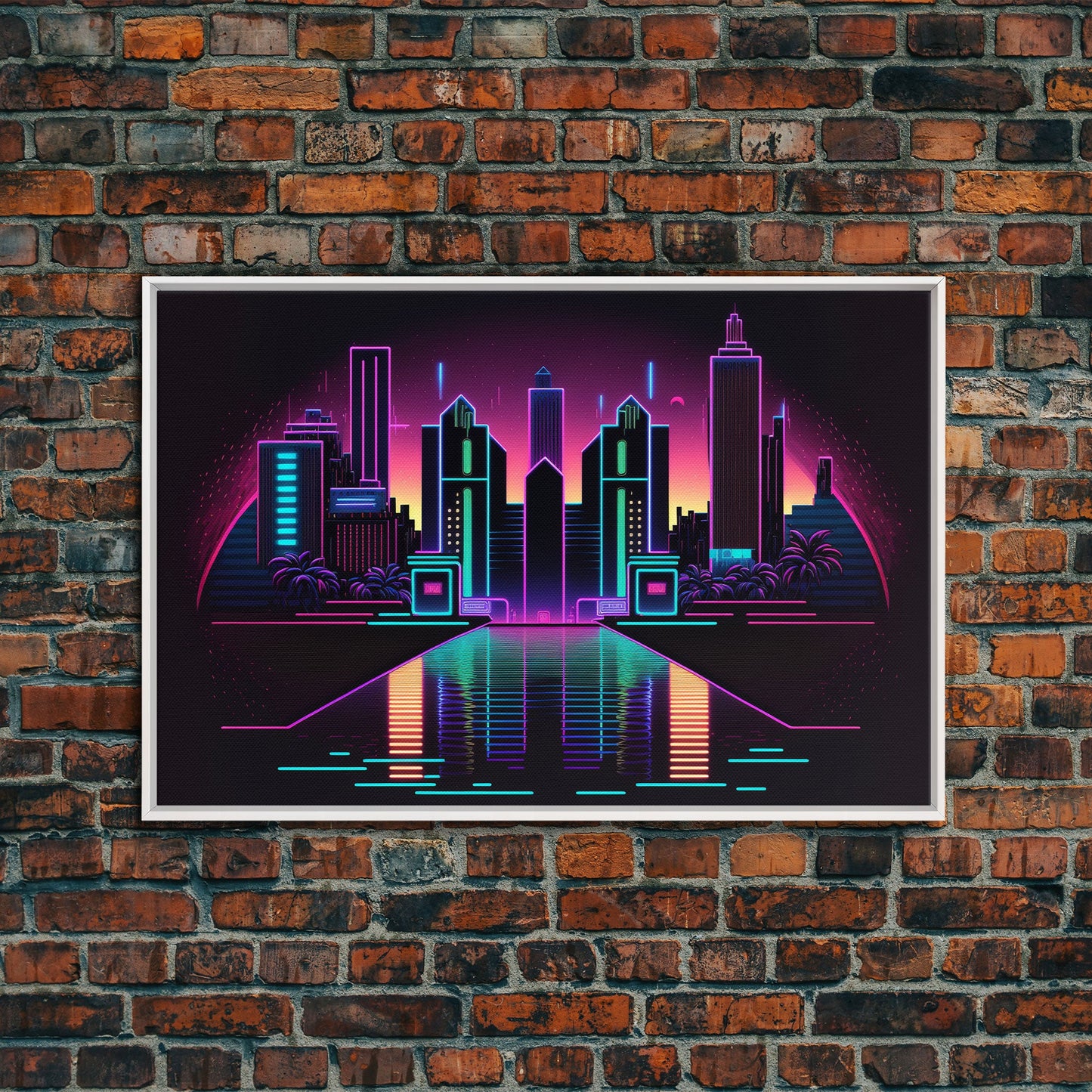 Retro Style Synthwave Wireframe City, Outrun Style, Framed Canvas Print, 80s Vibes Art