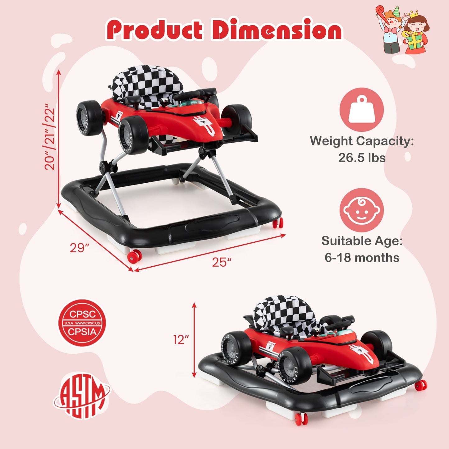 4-in-1 Baby Push Walker Activity Center Height Adjustable with Music Box-Red