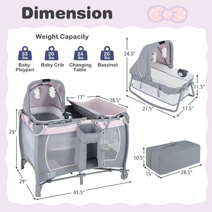 4-in-1 Convertible Portable Baby Playard Newborn Napper with Music and Toys-Gray
