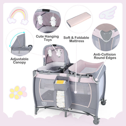 4-in-1 Convertible Portable Baby Playard Newborn Napper with Music and Toys-Gray