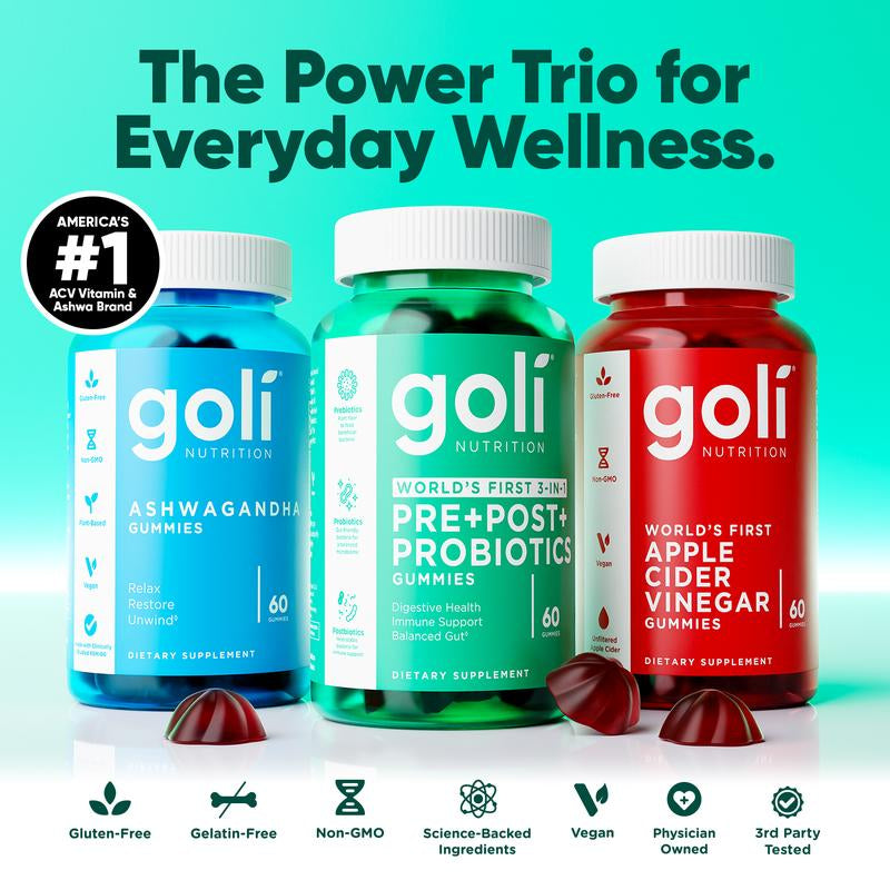 Goli Ultimate Power Wellness Trio: 3-in-1 Gummies for Stress Relief, Gut Health & Immune Support - Vegan, Gluten-Free & Non-GMO!