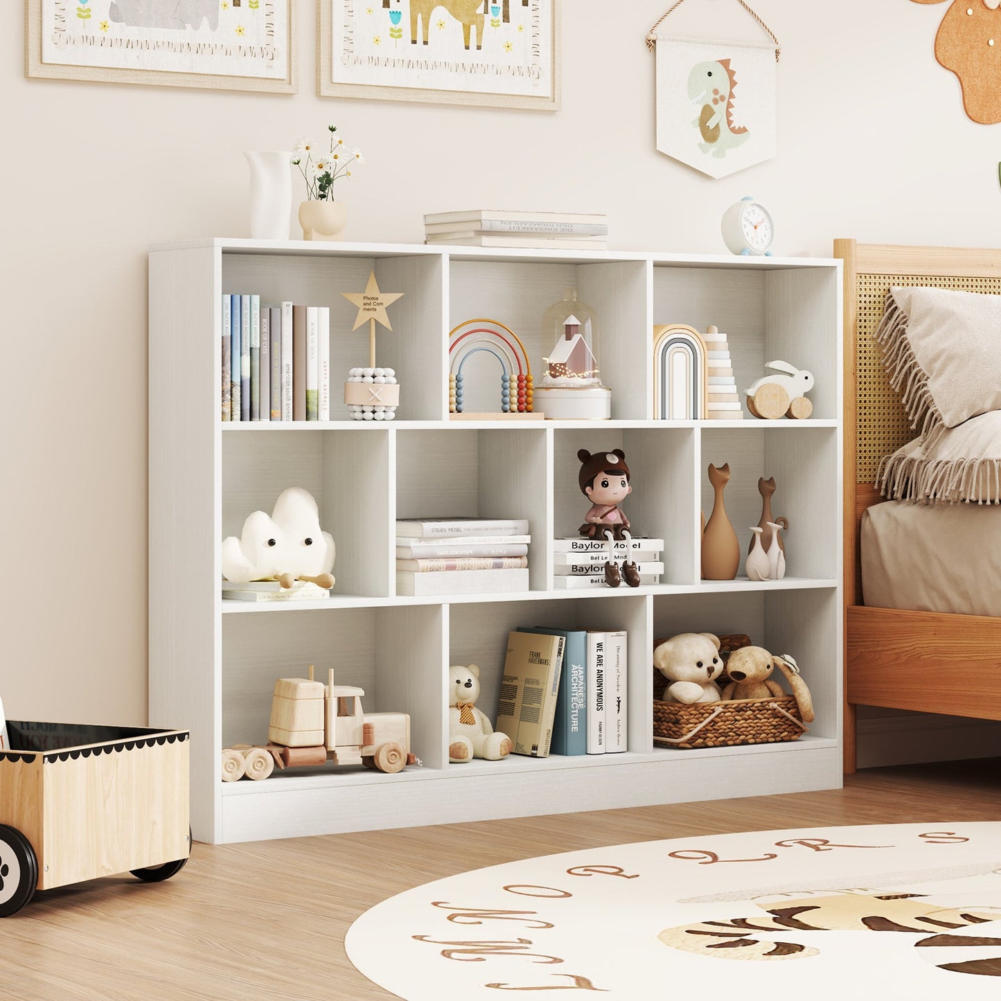 41 inches Wooden Toy Storage Organizer with 10 Cubes for Classroom Daycare Nursery Kindergarten-White