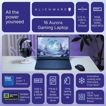 Alienware 16" Aurora Gaming Laptop Intel Core 7-240H, 16GB RAM, 1TB SSD, NVIDIA Geforce RTX 5050