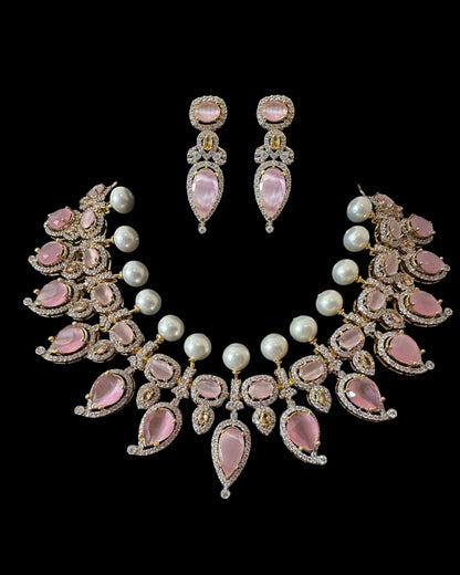 BR462  Anmol necklace set in pink( rose quartz ), Cats eye and pearls ( READY TO SHIP )