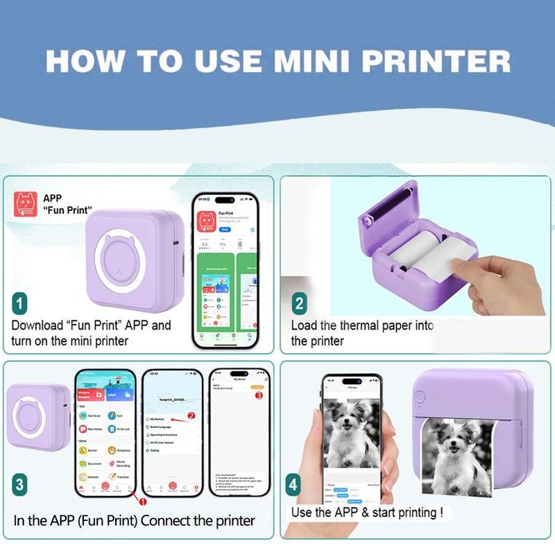 Mini Sticker Printer, Mini Label Printer Portable Inkless Thermal Printer, Free Cut Small Pocket Printer for DIY Scrapbook, Travel, Notes,Photos, Pictures, Label, Memo, Compatible with Ios&Android, Thermal Label Maker