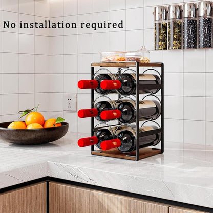 SUOERNUO Wood Countertop Wine Rack No Assembly Needed 6-Bottle Capacity Black & Rustic Brown Metal & Wood Construction Rust-Resistant Powder Coating Freestanding Storage Solution