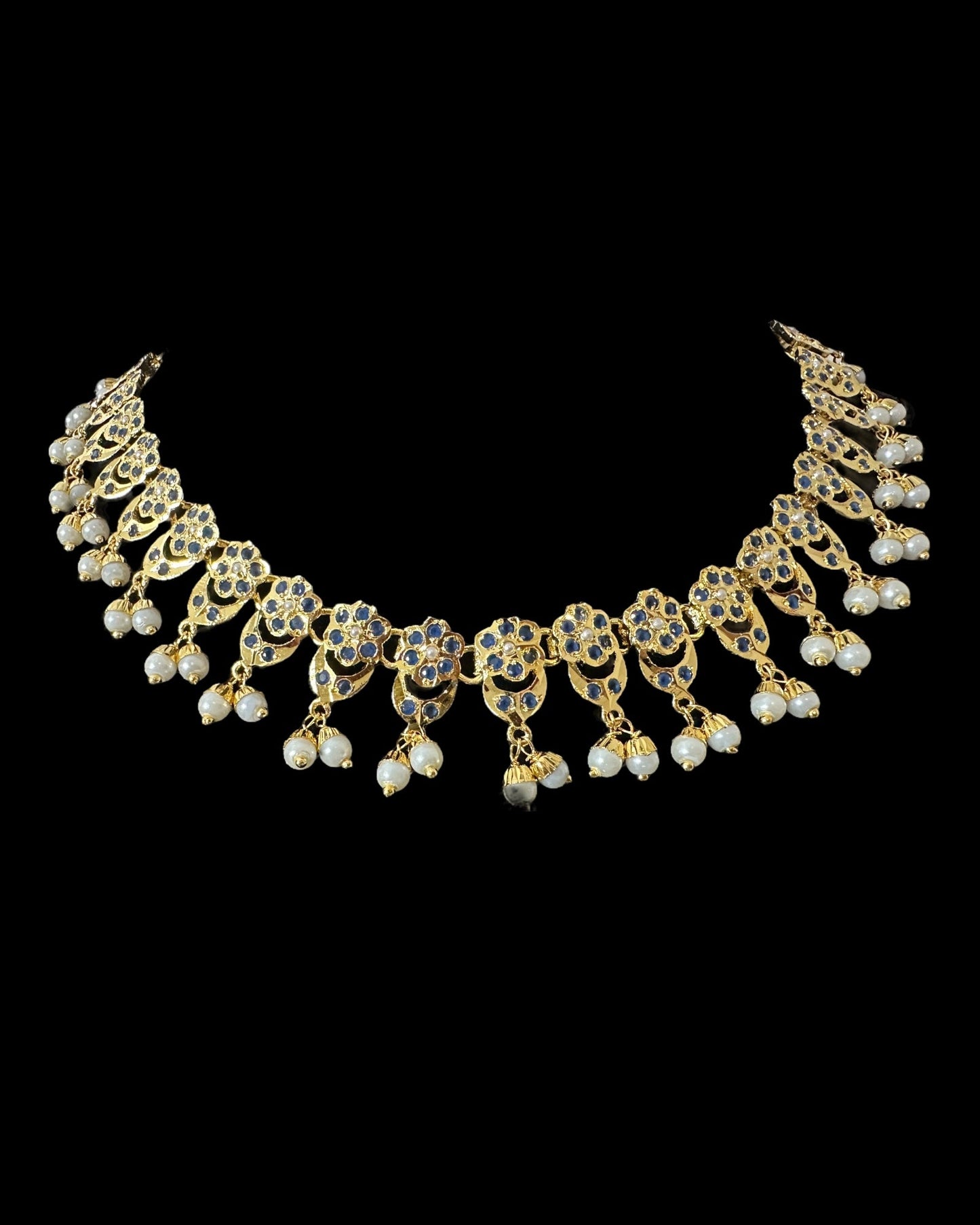DNS202 sapphire pearl jadau necklace set with tika ( SHIPS IN 3 WEEKS )