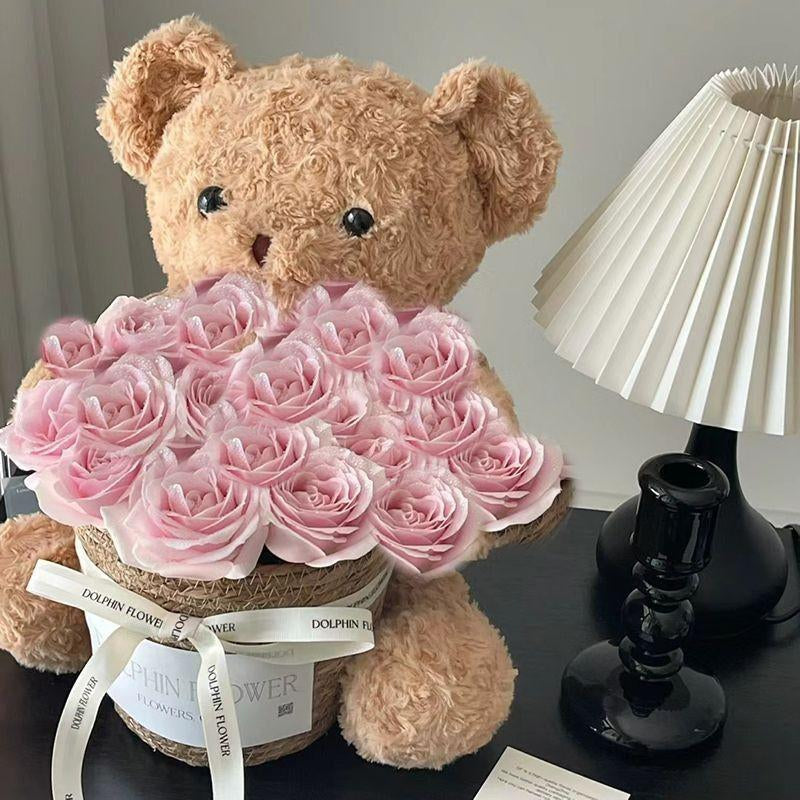 Valentine’S Day Teddy Bear with Eternal Rose Bouquet, Preserved Flower Plush Bear, Romantic Birthday Gift for Her Gift Sets