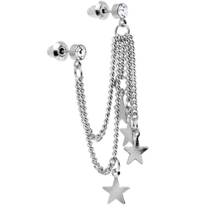 Clear Gem 3 Star Double Chain Ear to Cartilage Stud Earrings