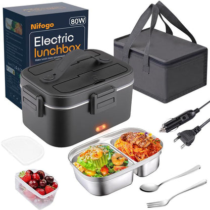 Electric Lunch Box 80W 1.5L Stainless Steel Bento Warmer with Indicator Light & Portable Tableware Set for Home Office Travel Food Quick Storage Fork 80W/1.5L/Black
