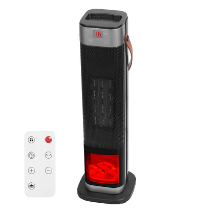 1500W Oscillating Ceramic Tower Space Heater with 3D Flame Portable Electric Heater with 3 Wind Modes 59-104℉Heating Remote Control 12H Timer Overheat
