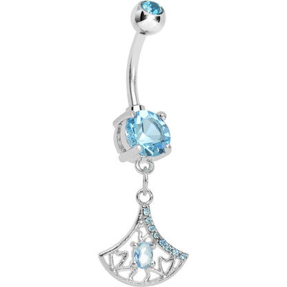 Aqua Gem Inverse Filigree Fan Dangle Belly Ring