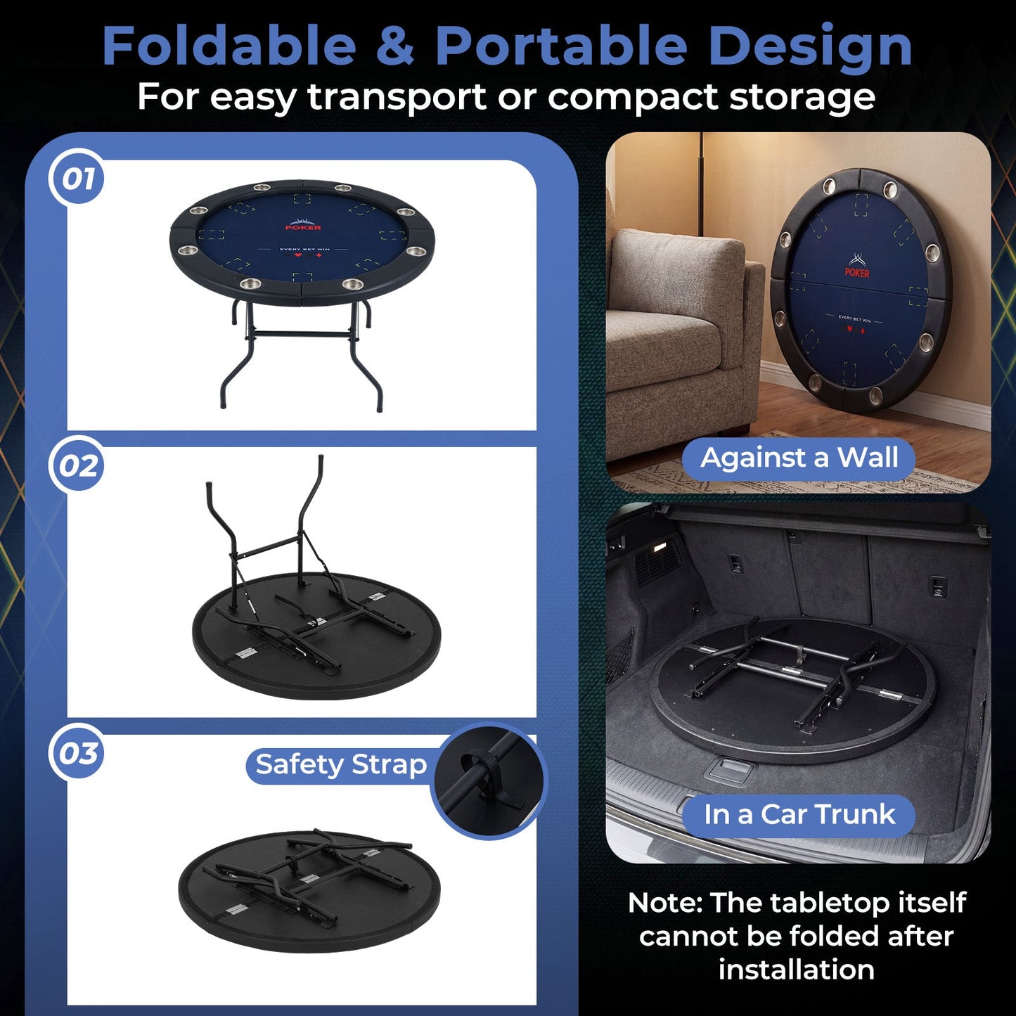 48 Inch Foldable Poker Table with 8 Cup Holders and Padded Edges