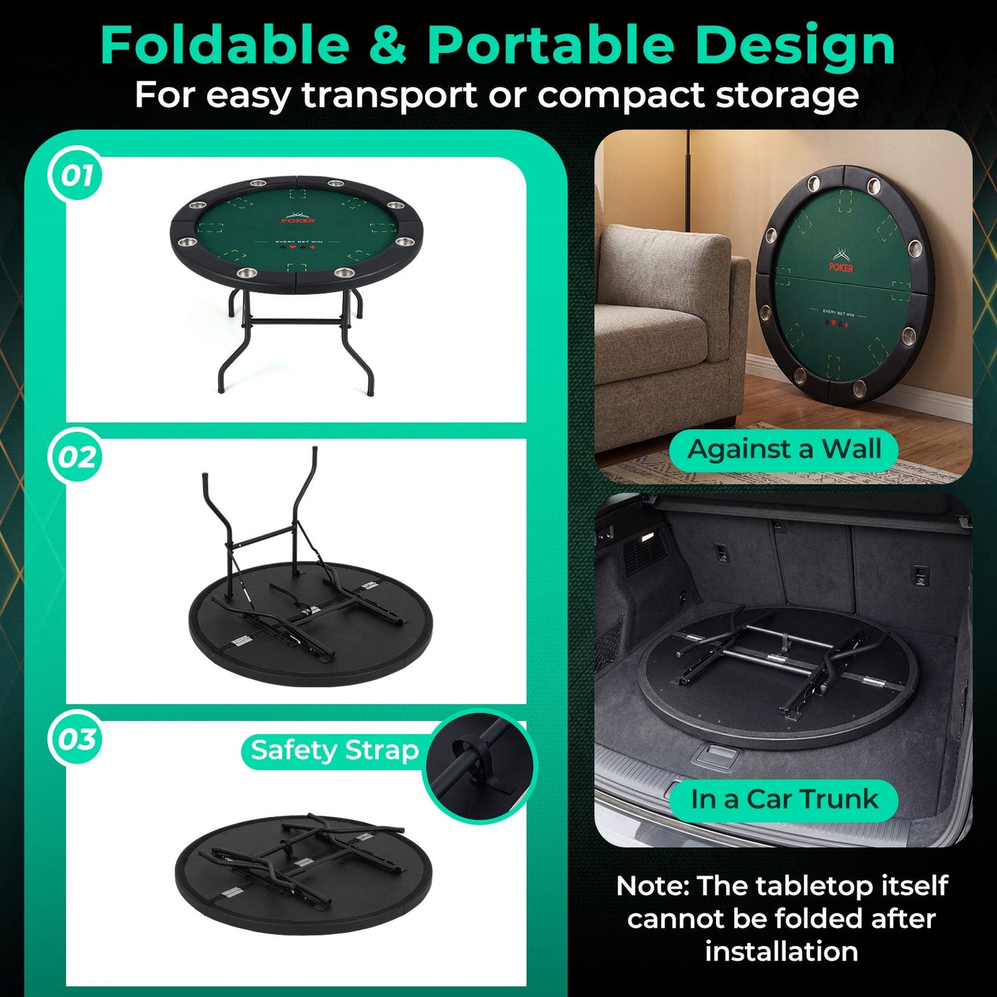 48 Inch Foldable Poker Table with 8 Cup Holders and Padded Edges