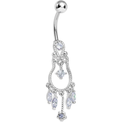 Light Purple Gem Pear with Dainty Rose Flower Dangle Belly Ring