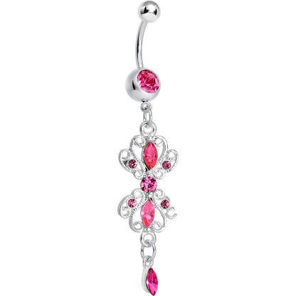 Pink Gem Twin Scrolls and Teardrops Dangle Belly Ring