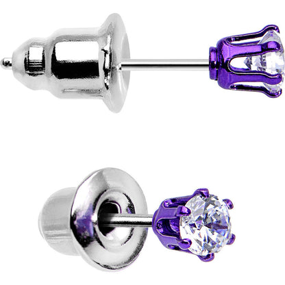 3mm Neon Purple Round Clear CZ Stud Earrings