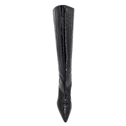 Black Tall Moc Croc Pointy Toe Kitten Heel Boot