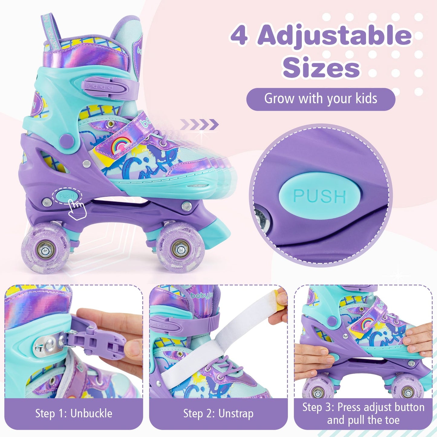 4 Sizes Adjustable Kids Roller Skates with Light-up Wheels and Safety Protection M Size-Purple