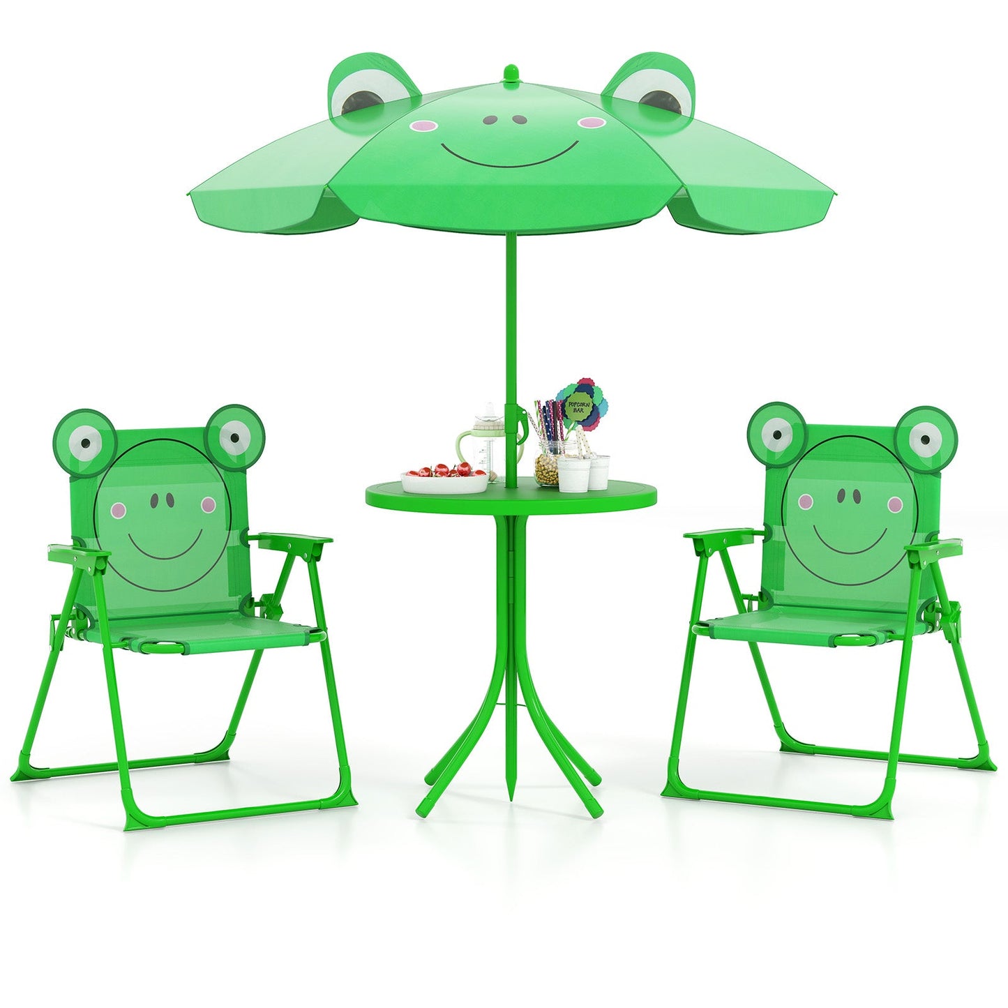 4 Pieces Kids Picnic Set with 2 Folding Chairs and Height Adjustable Umbrella-Green