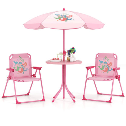 4 Pieces Kids Picnic Set with 2 Folding Chairs and Height Adjustable Umbrella-Pink