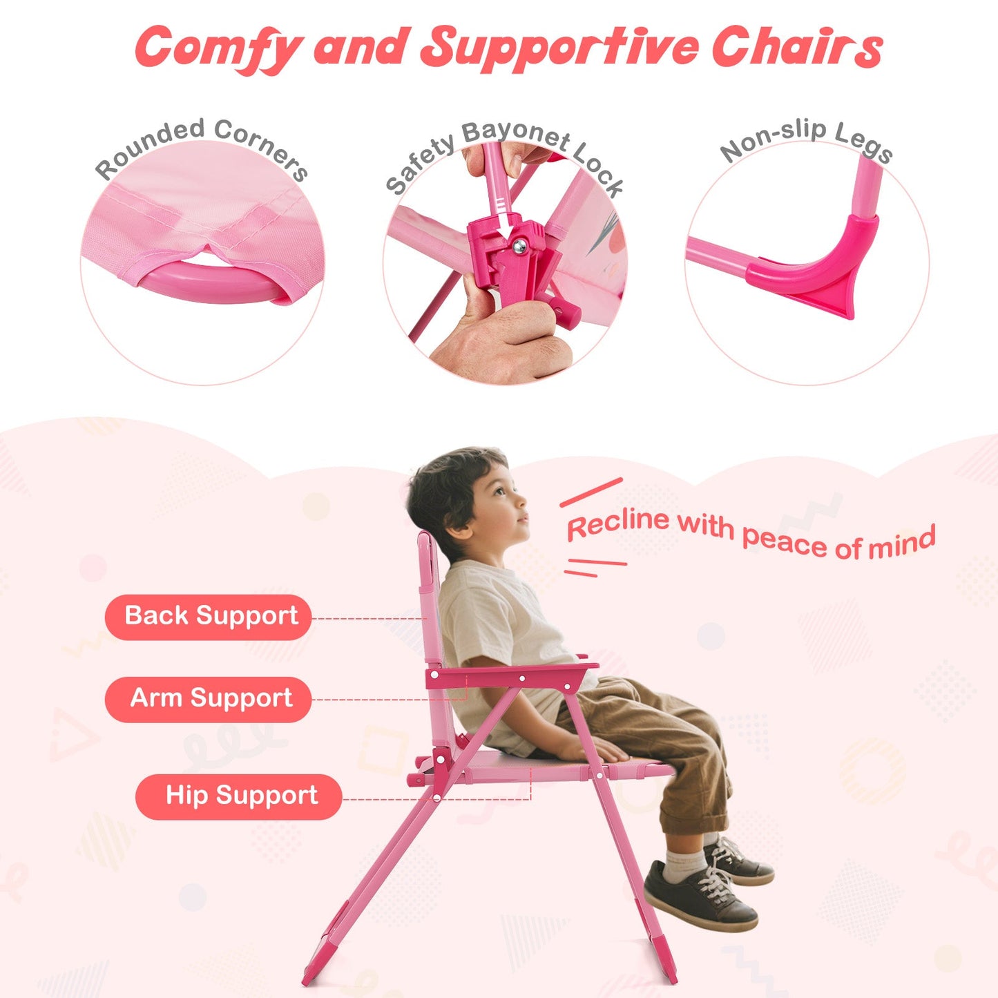 4 Pieces Kids Picnic Set with 2 Folding Chairs and Height Adjustable Umbrella-Pink