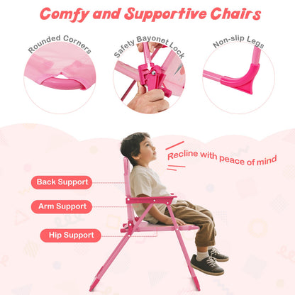 4 Pieces Kids Picnic Set with 2 Folding Chairs and Height Adjustable Umbrella-Pink