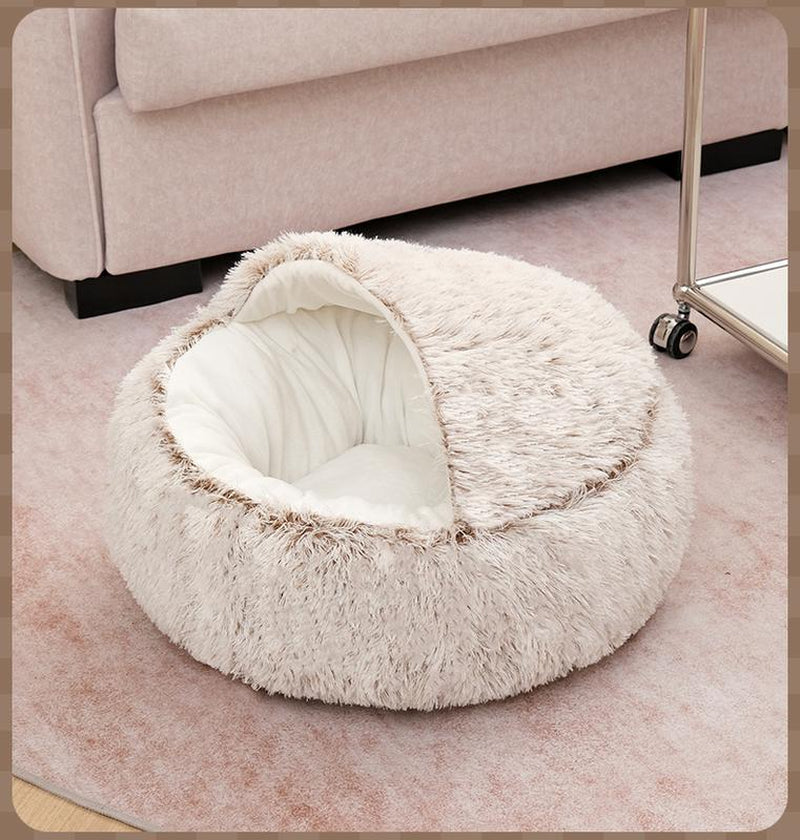 Warm Cat Bed round Plush Fluffy Hooded Cat Bed Cave, Cozy for Indoor Cats or Small Dog Beds, Soothing Pet Beds Doughnut Calm Anti-Nxiety Dog Bed - Waterproof Bottom Washable, 20Inches Soft 2-In-1 Covered Cat Bed Cushion