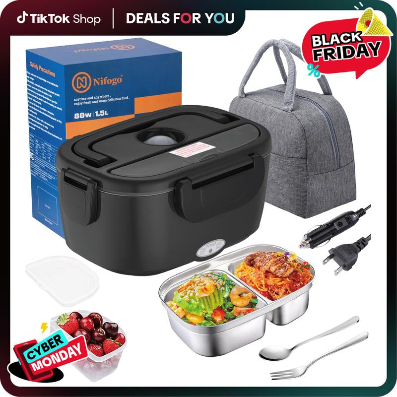 Electric Lunch Box Food Heater 80W，12V/24V/110V Self Heating Lunchboxfor Work/Car/Truck with Insulated Bag，1.5/1.8L,Dealsforyoudays