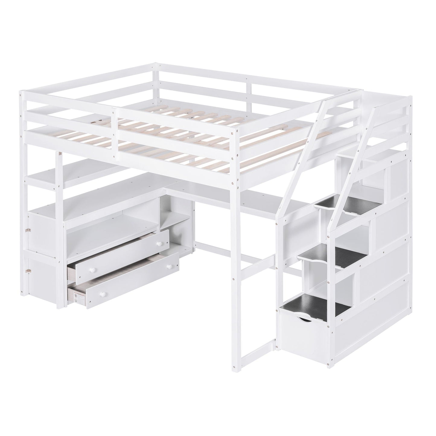 Loft Bed With Desk, Shelves, 2 Drawers, Storage Staircase