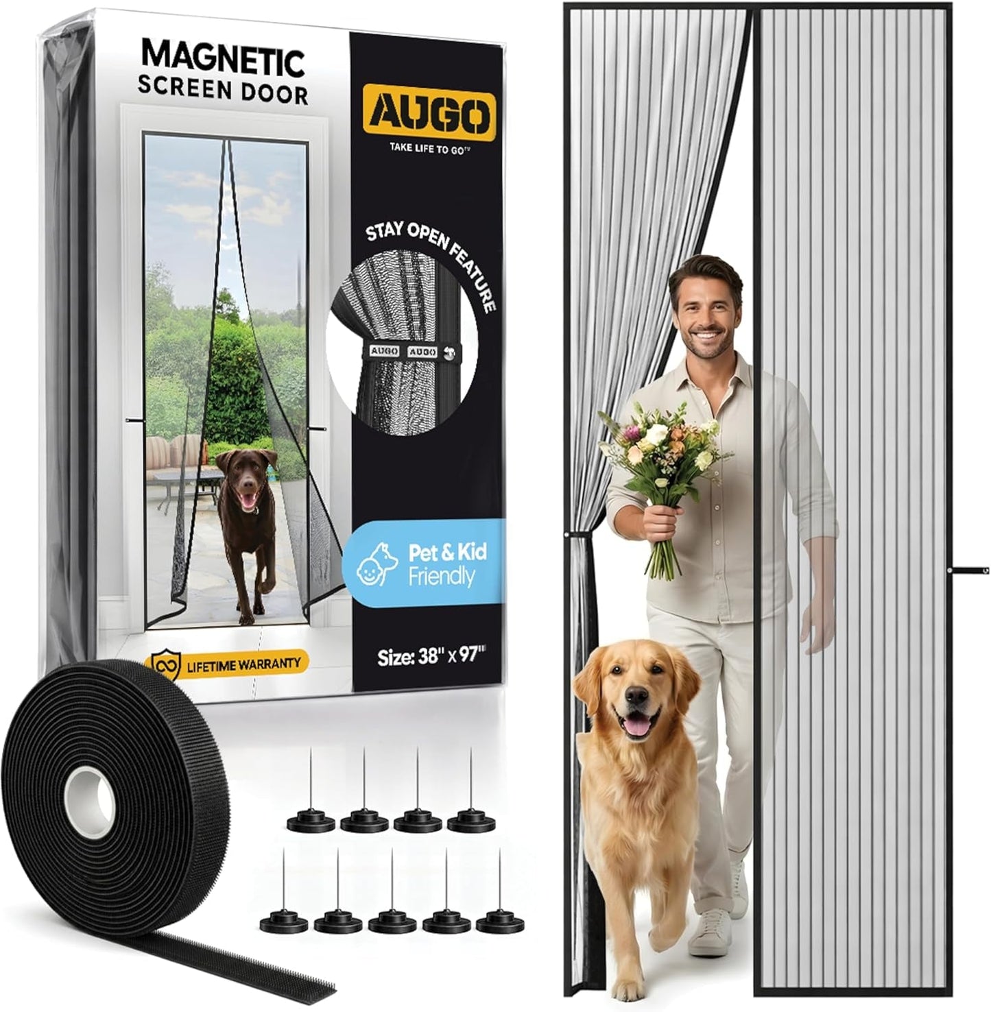 AUGO Heavy Duty Magnetic Screen Door - Self-Sealing Mesh for Ultimate Bug Protection - Ideal for Kids and Pets - 38" x 83" with Innovative Stay Open Feature