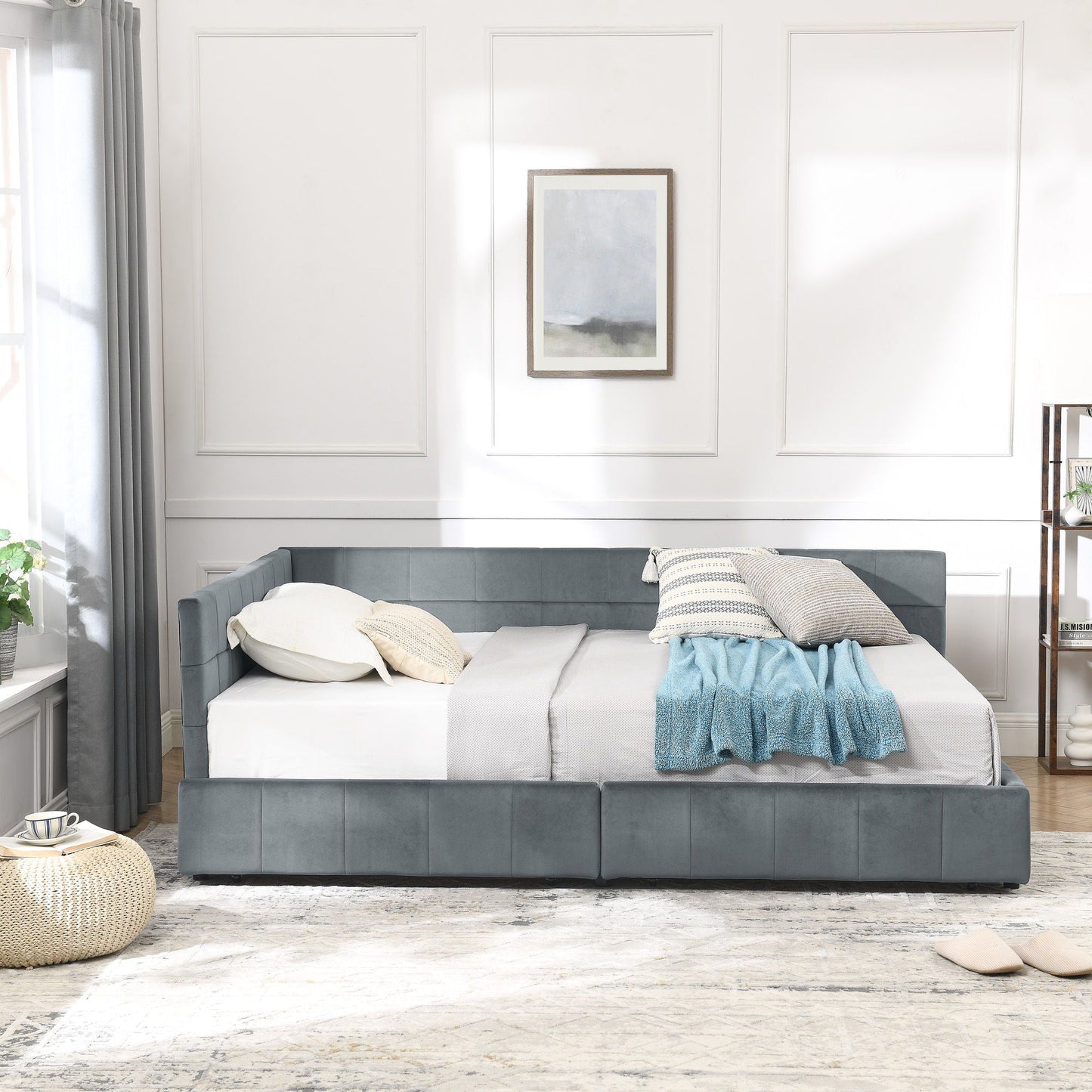 Mid-Century Storage Upholstered Tufted Bed Frame With Backrest And Armrests