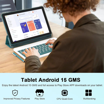 Android 15 Tablet 10 Inch, 20GB RAM+128GB ROM/ 2TB Expandable, 2.0Ghz Quad-Core Processor, 1280*800 HD Screen, 5G Wifi6 BT 5.0, 2 in 1 Tablets with Keyboard Case Mouse Stylus, Widevine L1 Blue