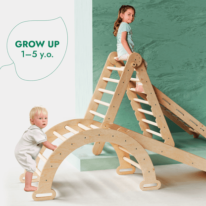 4in1 Montessori Climbing Set: Triangle Ladder + Climbing Arch + Slide Board + Net – Beige