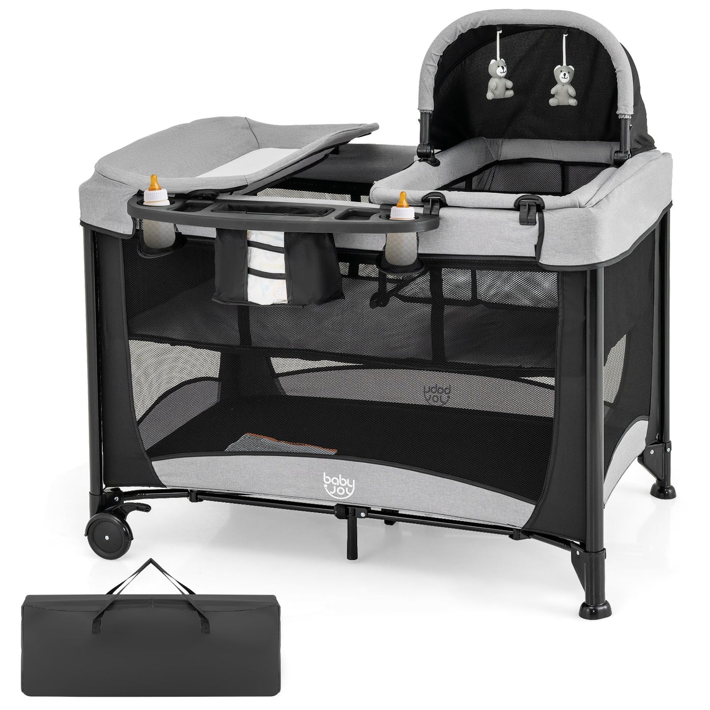 5-in-1 Portable Baby Playard with Cradle and Storage Basket-Black
