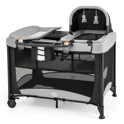 5-in-1 Portable Baby Playard with Cradle and Storage Basket-Black