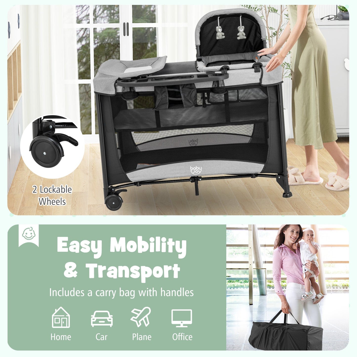5-in-1 Portable Baby Playard with Cradle and Storage Basket-Black