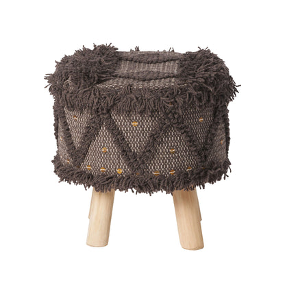 Roja - Handcrafted Wool & Cotton Foot Stool With Eucalyptus Wood Frame - Dark Brown