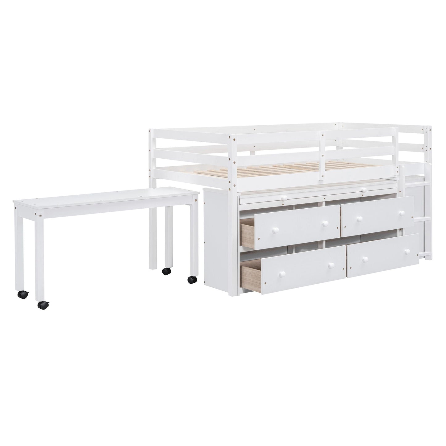 Loft Bed With Retractable Writing Desk And 4 Drawers, With Lateral Portable Desk And Shelves