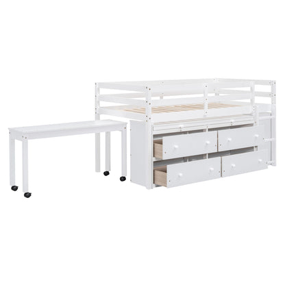 Loft Bed With Retractable Writing Desk And 4 Drawers, With Lateral Portable Desk And Shelves