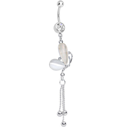 Clear Gem White Pearlescent Butterfly Dangle Belly Ring