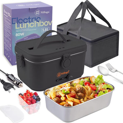 Electric Lunch Box 80W 1.5L Stainless Steel Bento Warmer with Indicator Light & Portable Tableware Set for Home Office Travel Food Quick Storage Fork 80W/1.5L/Black