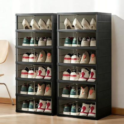NLDD Extra-Wide & Tall 9-Tier Shoe Cabinet Holds 18 Pairs Clear Doors Wheels for Effortless Storage Stackable Reinforced Frame Ventilation Holes