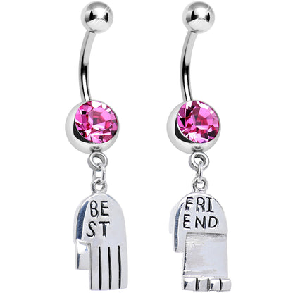 Pink Gem Holding Hands Best Friend Heart Dangle Belly Ring Set