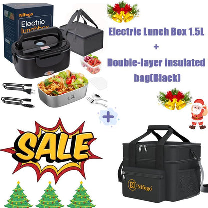 Electric Lunch Box 80W 1.5L Stainless Steel Bento Warmer with Indicator Light & Portable Tableware Set for Home Office Travel Food Quick Storage Fork 80W/1.5L/Black