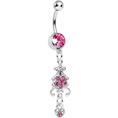 Pink Gem Sparkling Fleur De Lock Dangle Belly Ring