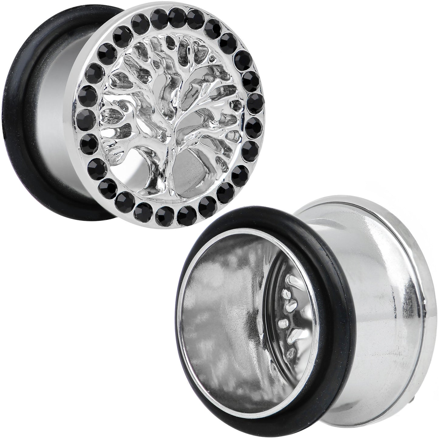 9/16 Black Gem Stainless Steel Single Flare Tree of Life Plug Set