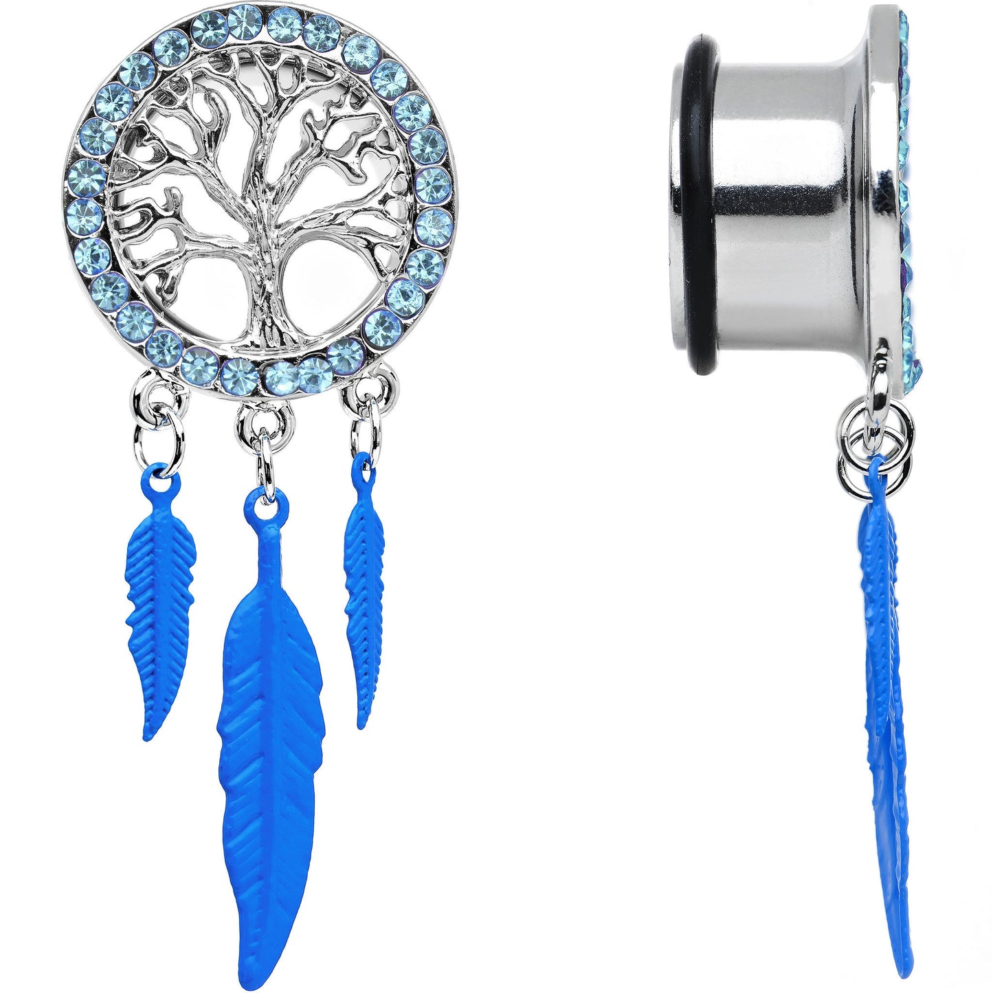 5/8 Blue Gem Steel Single Flare Tree of Life Dangle Plug Set
