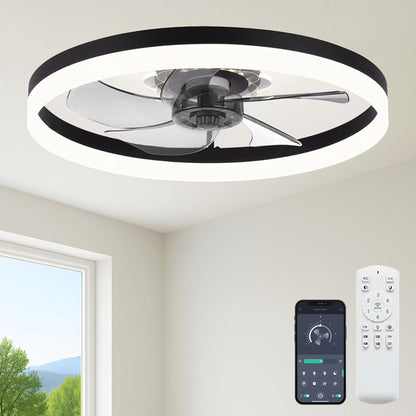 20‘’ Ceiling Fan with Light, Upgraded Low Profile Fan, Flush Mount Ceiling Fan, 6 Speeds, Dimmable LED, App & Remote Control, Quiet DC Motor, for Bedroom, Living Room, F115 White