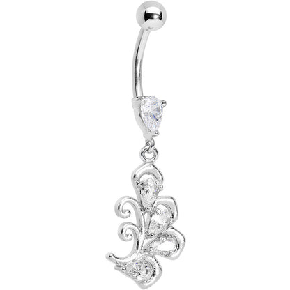 Clear Cubic Zirconia Palm Leaf Dangle Belly Ring